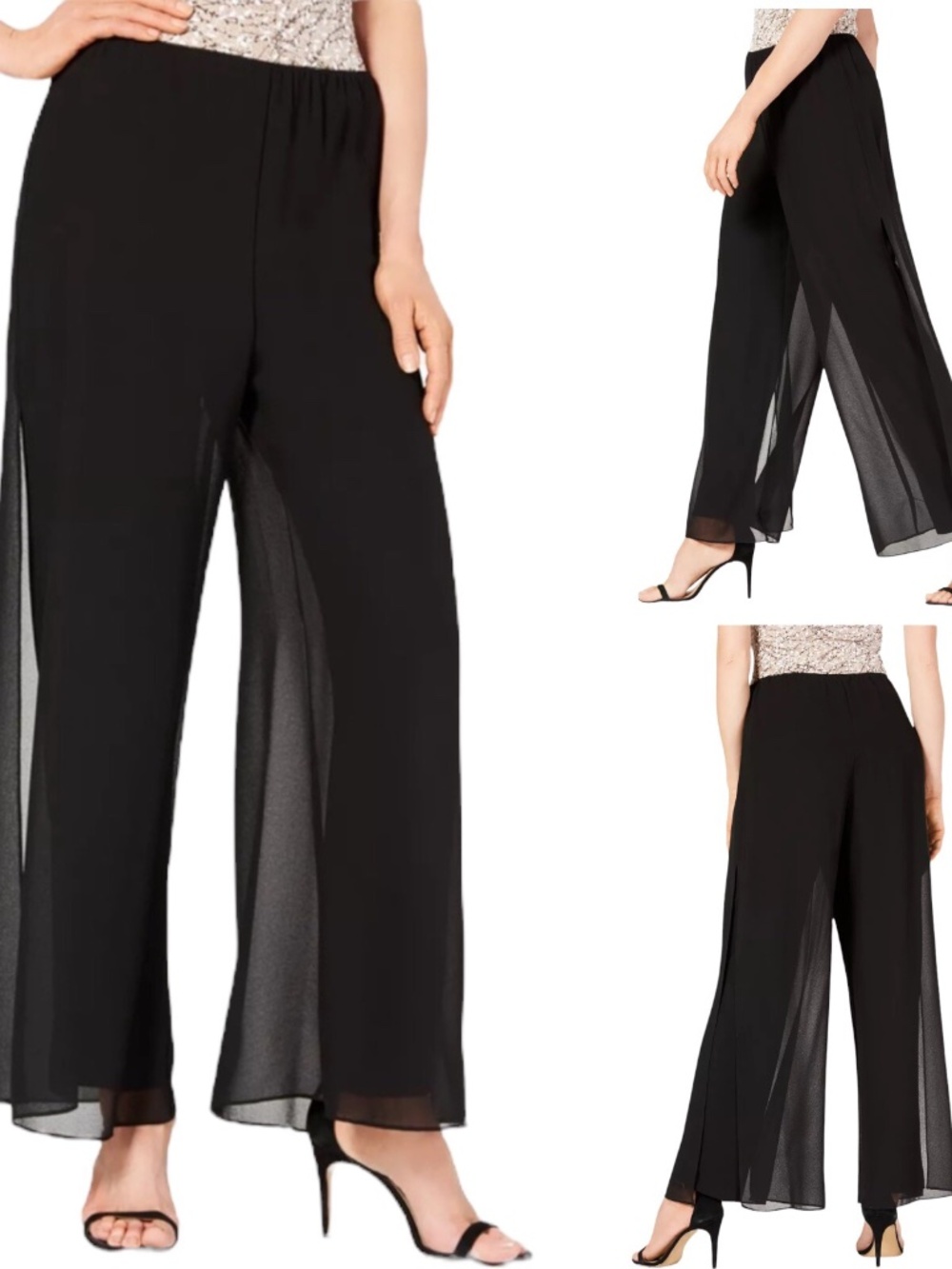VTG Adrianna Papell Chiffon Overlay Wide Leg Pants Black Slit FLowy Sheer Panel